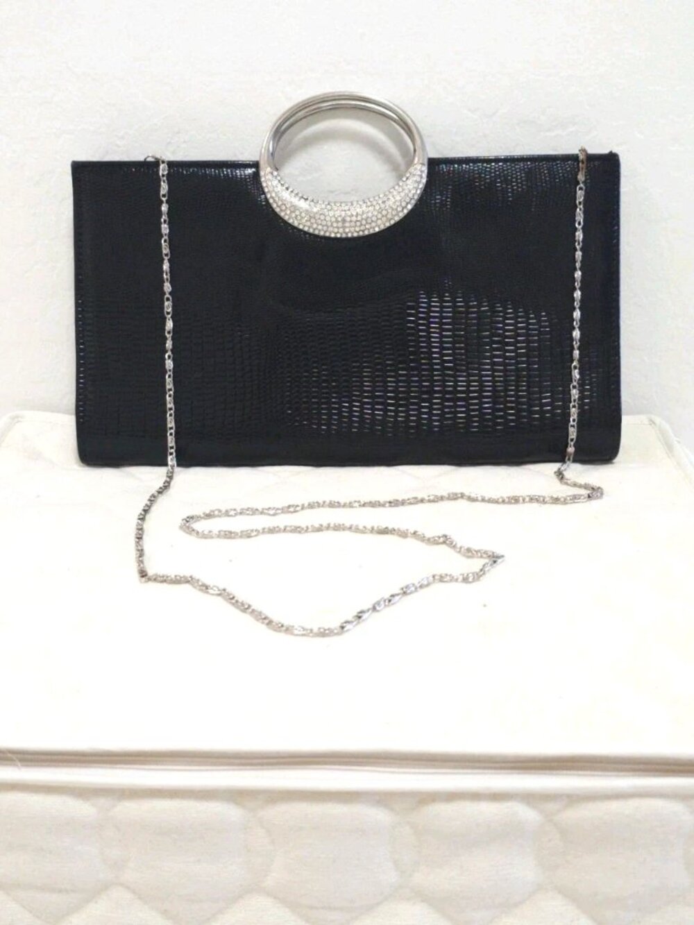 NEW VTG 80s J Francis Small BLACK FLAT Crossbody Clutch Purse RHINESTONE w/Chain